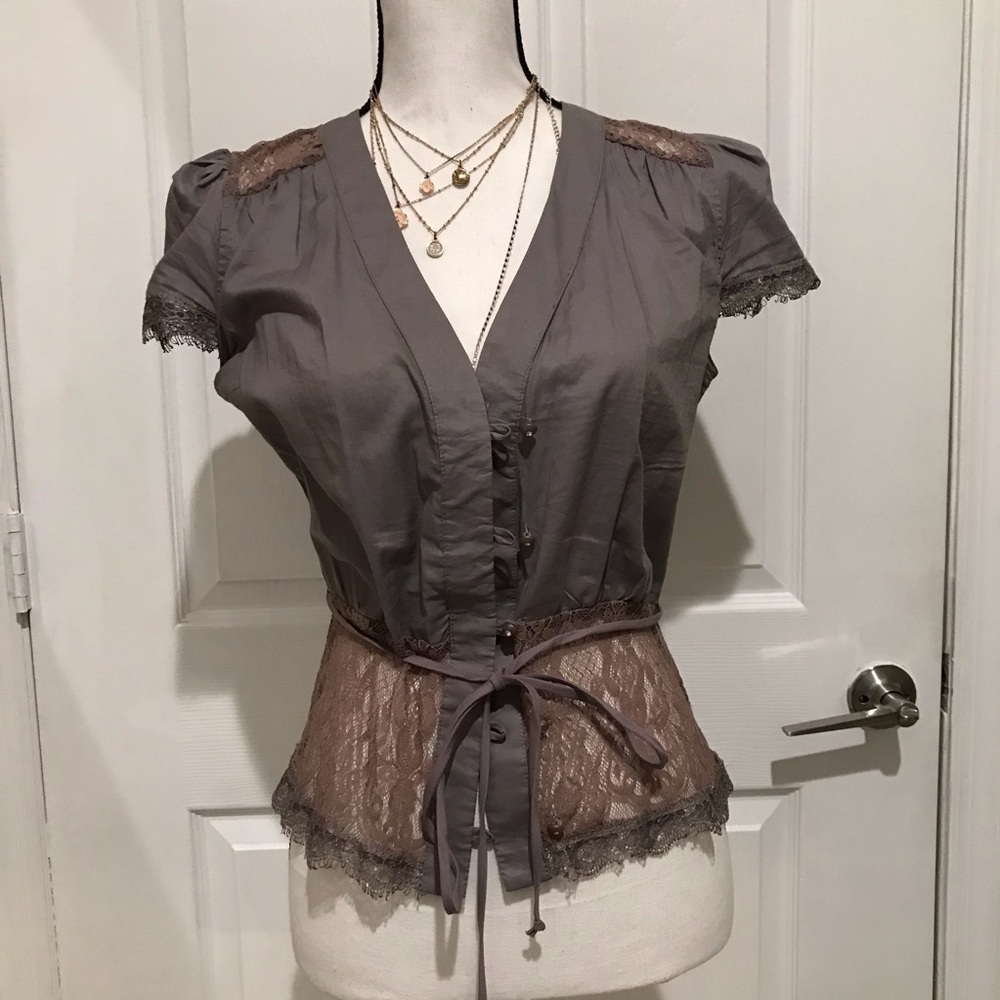 Baby Phat Gray Lace-Trim Button Front Blouse Size M - Picture 2 of 8